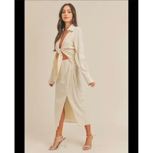 Mable Aila Cream Tie Front Cutout Bodycon Midi Dress Size Small Collared Slit
